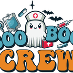 A cute ghost nurse surrounded by medical equipment like IV bags and syringes, with two bats and sparkle stars. The text reads "BOO BOO CREW" in blue and orange bubble letters.