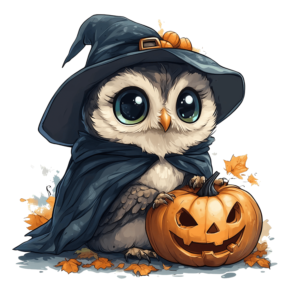 A cute, wide-eyed owl wearing a witch's hat and dark cloak sits next to a carved Halloween pumpkin, surrounded by autumn leaves in a whimsical, cartoon-style illustration.