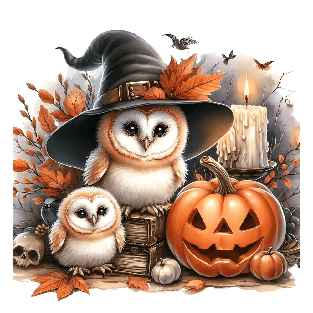 Two adorable barn owls, one wearing a witch's hat, sit beside a carved jack-o'-lantern, burning candle, and autumn leaves, creating a whimsical Halloween-themed scene with bats and a skull in the background.