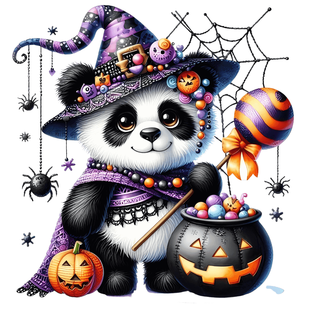 A cute panda wears a decorated Halloween witch hat, surrounded by spiders, a jack-o'-lantern, and a candy pot. The panda holds a festive lollipop, dressed in purple and black with playful Halloween-themed accessories.
