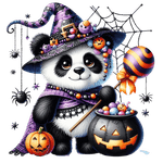 A cute panda wears a decorated Halloween witch hat, surrounded by spiders, a jack-o'-lantern, and a candy pot. The panda holds a festive lollipop, dressed in purple and black with playful Halloween-themed accessories.