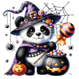 A cute panda wears a decorated Halloween witch hat, surrounded by spiders, a jack-o'-lantern, and a candy pot. The panda holds a festive lollipop, dressed in purple and black with playful Halloween-themed accessories.