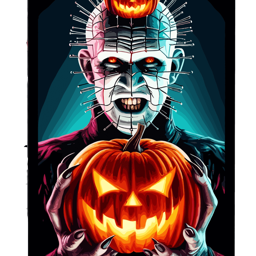 A menacing figure with a head pierced by nails, featuring glowing orange eyes, holding two carved jack-o'-lanterns with glowing faces. Text at the bottom reads "MASTER OF PAIN" against a teal background.