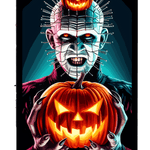 A menacing figure with a head pierced by nails, featuring glowing orange eyes, holding two carved jack-o'-lanterns with glowing faces. Text at the bottom reads "MASTER OF PAIN" against a teal background.
