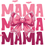 A pink and magenta graphic featuring the repeated text "MAMA MAMA" with a large decorative bow in the center, surrounded by small bat silhouettes in the background.