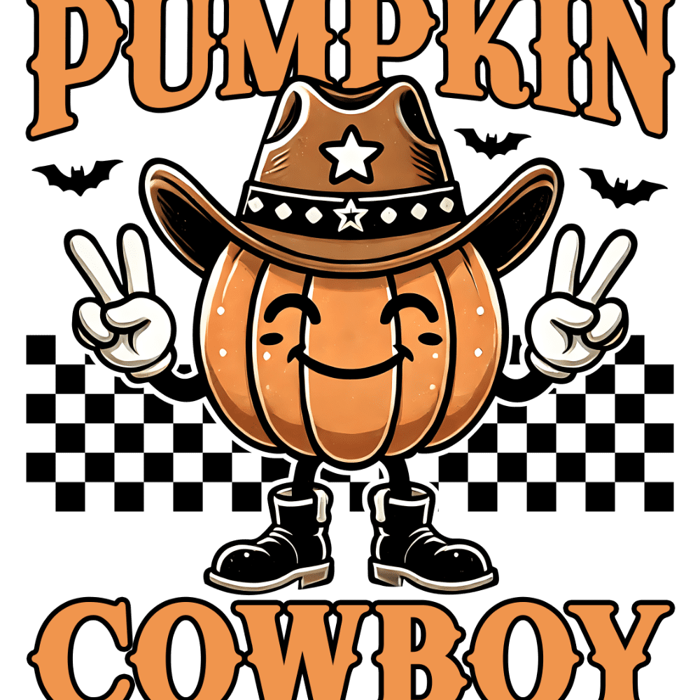 A smiling orange pumpkin wearing a cowboy hat and boots, making peace signs, with bats and a checkered background. Text reads "PUMPKIN COWBOY" in large orange letters.