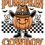 A smiling orange pumpkin wearing a cowboy hat and boots, making peace signs, with bats and a checkered background. Text reads "PUMPKIN COWBOY" in large orange letters.