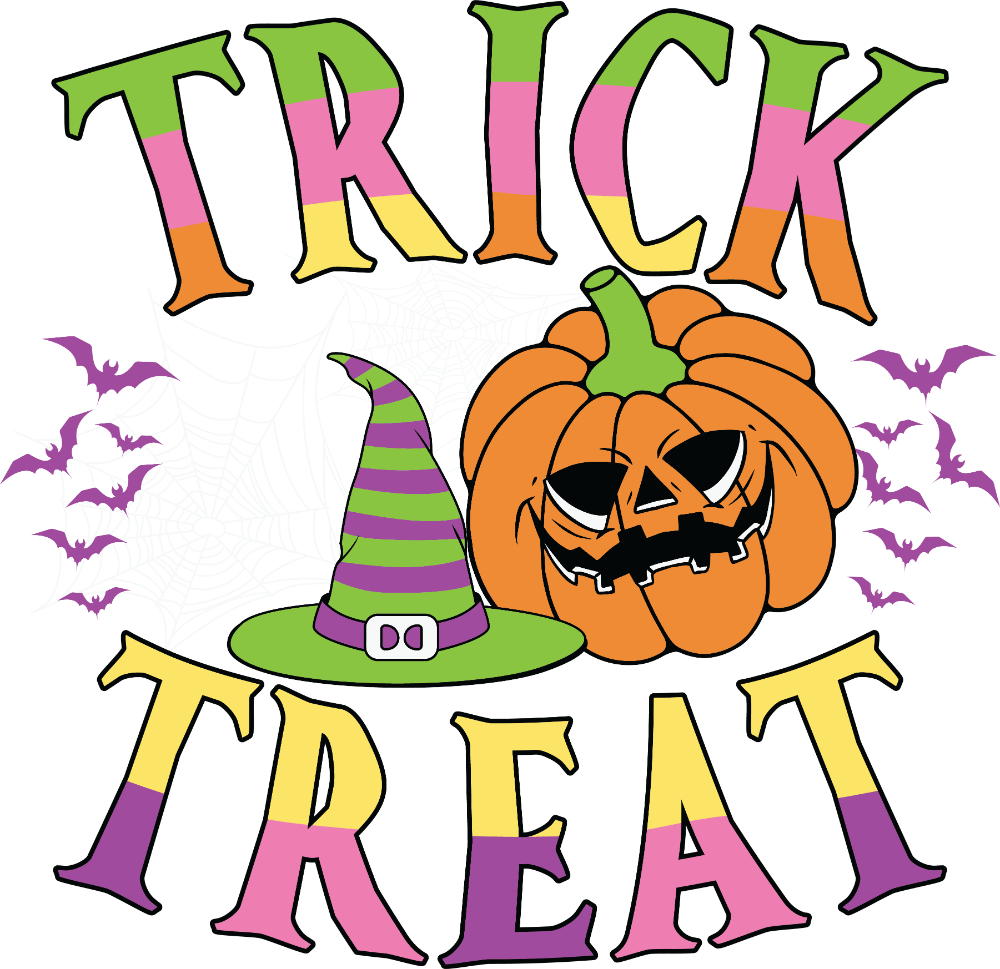 A Halloween-themed graphic with colorful, striped "TRICK TREAT" lettering, featuring a green-and-purple striped witch hat, an orange jack-o'-lantern, and purple flying bats.