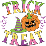 A Halloween-themed graphic with colorful, striped "TRICK TREAT" lettering, featuring a green-and-purple striped witch hat, an orange jack-o'-lantern, and purple flying bats.