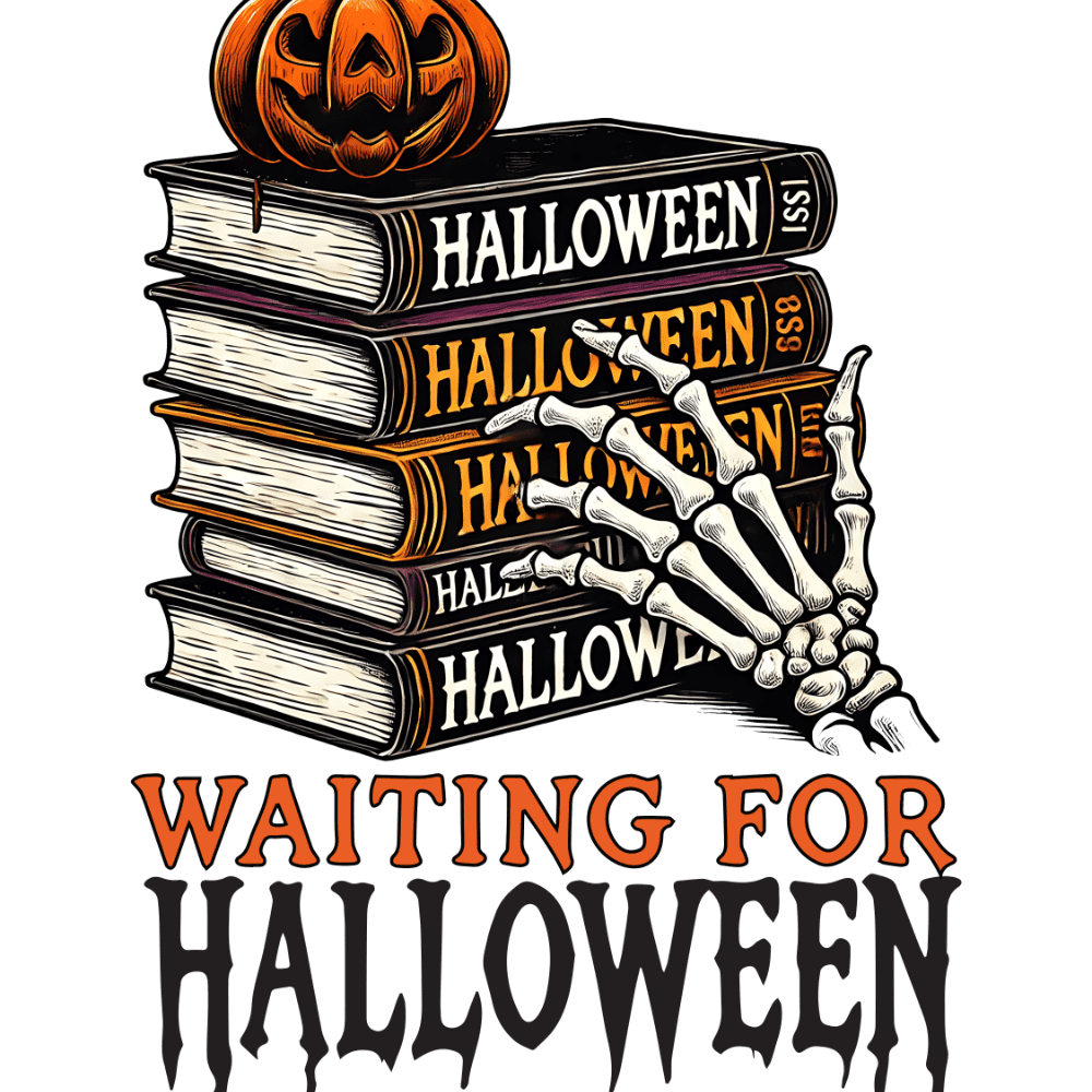 A stack of Halloween-themed books with a jack-o'-lantern on top and a skeletal hand emerging from the side. Text reads: "WAITING FOR HALLOWEEN" in orange and black lettering.