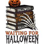 A stack of Halloween-themed books with a jack-o'-lantern on top and a skeletal hand emerging from the side. Text reads: "WAITING FOR HALLOWEEN" in orange and black lettering.