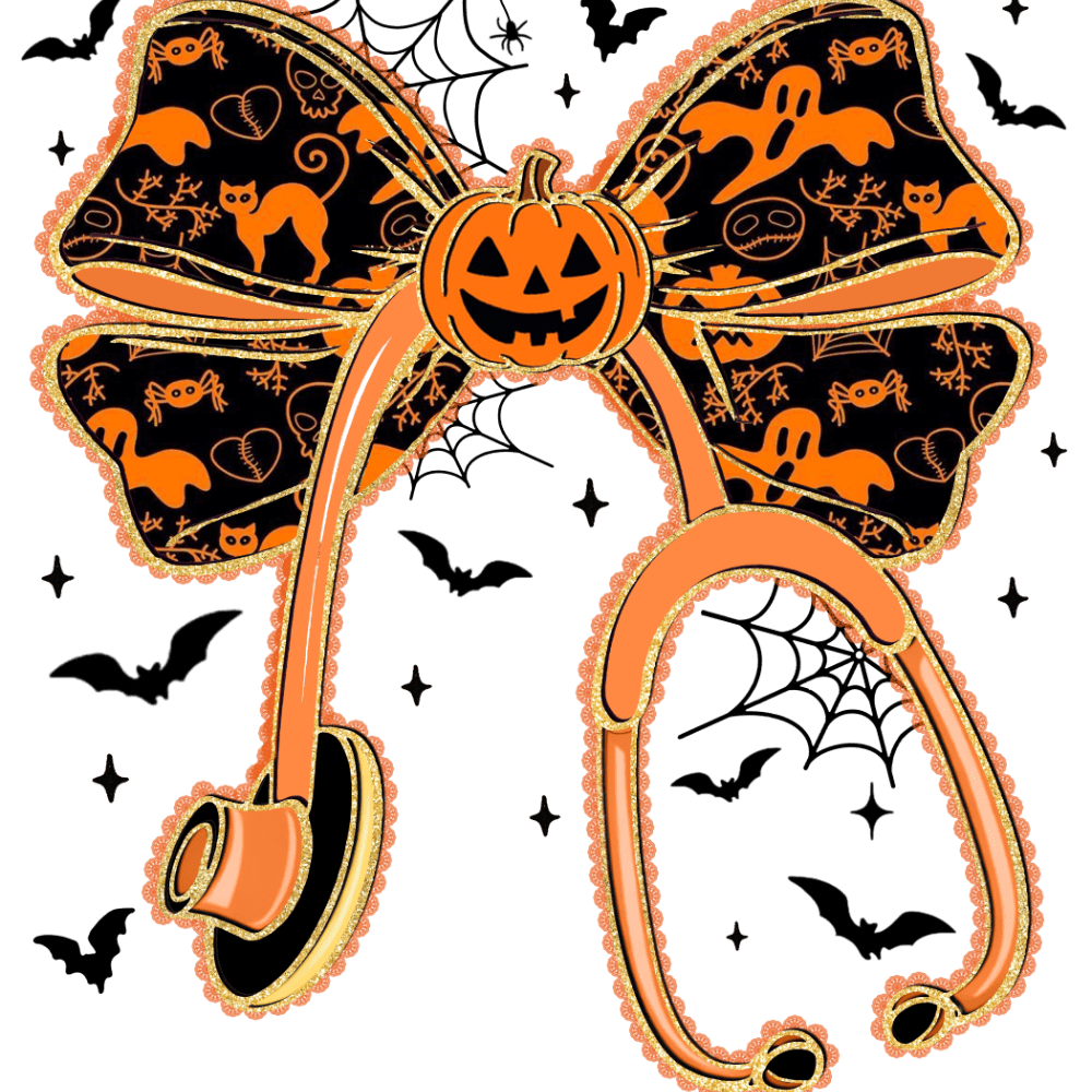 A Halloween-themed paisley-shaped design featuring a jack-o'-lantern at the center, surrounded by black bats, spiderwebs, ghosts, cats, and spiders in orange and black colors with glittery gold outlines.