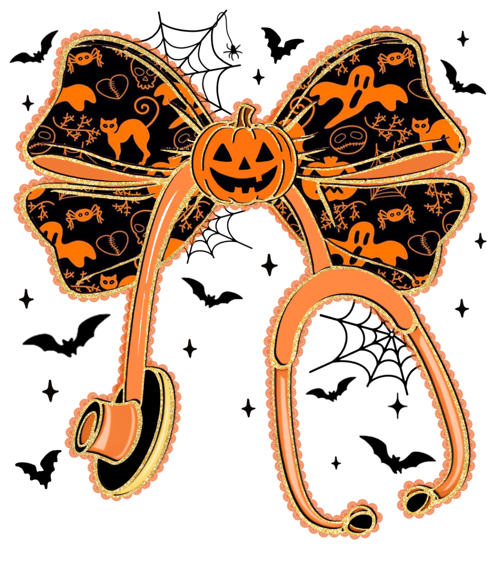 A Halloween-themed paisley-shaped design featuring a jack-o'-lantern at the center, surrounded by black bats, spiderwebs, ghosts, cats, and spiders in orange and black colors with glittery gold outlines.