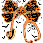 A Halloween-themed paisley-shaped design featuring a jack-o'-lantern at the center, surrounded by black bats, spiderwebs, ghosts, cats, and spiders in orange and black colors with glittery gold outlines.