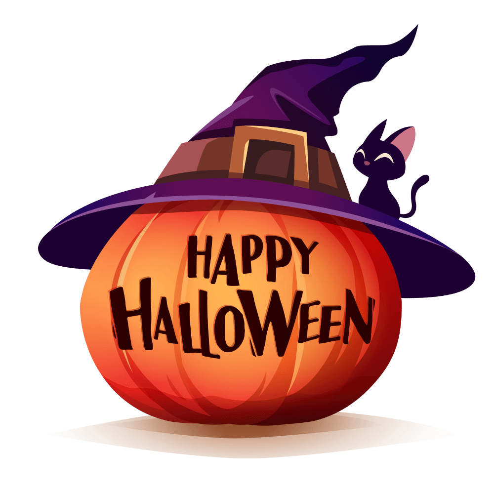 A smiling black cat sits atop a jack-o'-lantern wearing a purple witch's hat. The pumpkin reads "HAPPY HALLOWEEN" in bold letters against an orange and yellow gradient background.