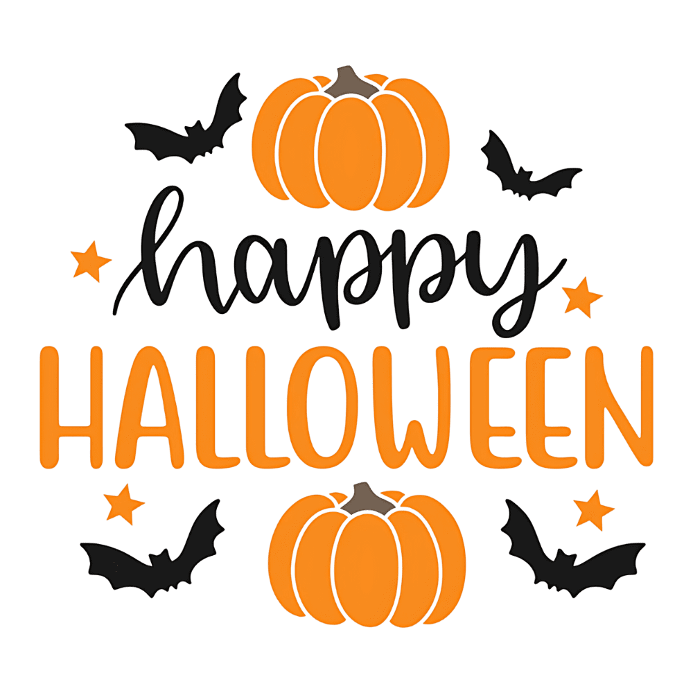 A Halloween-themed graphic with two orange pumpkins, three black bats, and orange stars. The text reads "happy HALLOWEEN" in a mix of cursive and capital letters.