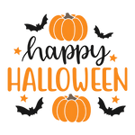 A Halloween-themed graphic with two orange pumpkins, three black bats, and orange stars. The text reads "happy HALLOWEEN" in a mix of cursive and capital letters.