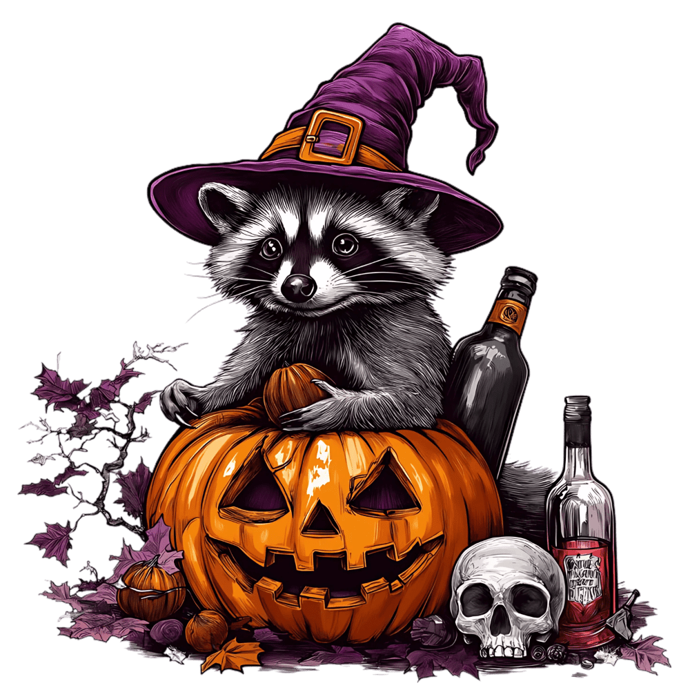 A raccoon wearing a witch's hat sits on a carved jack-o'-lantern, surrounded by autumn leaves, a skull, and alcohol bottles, creating a whimsical Halloween-themed scene.