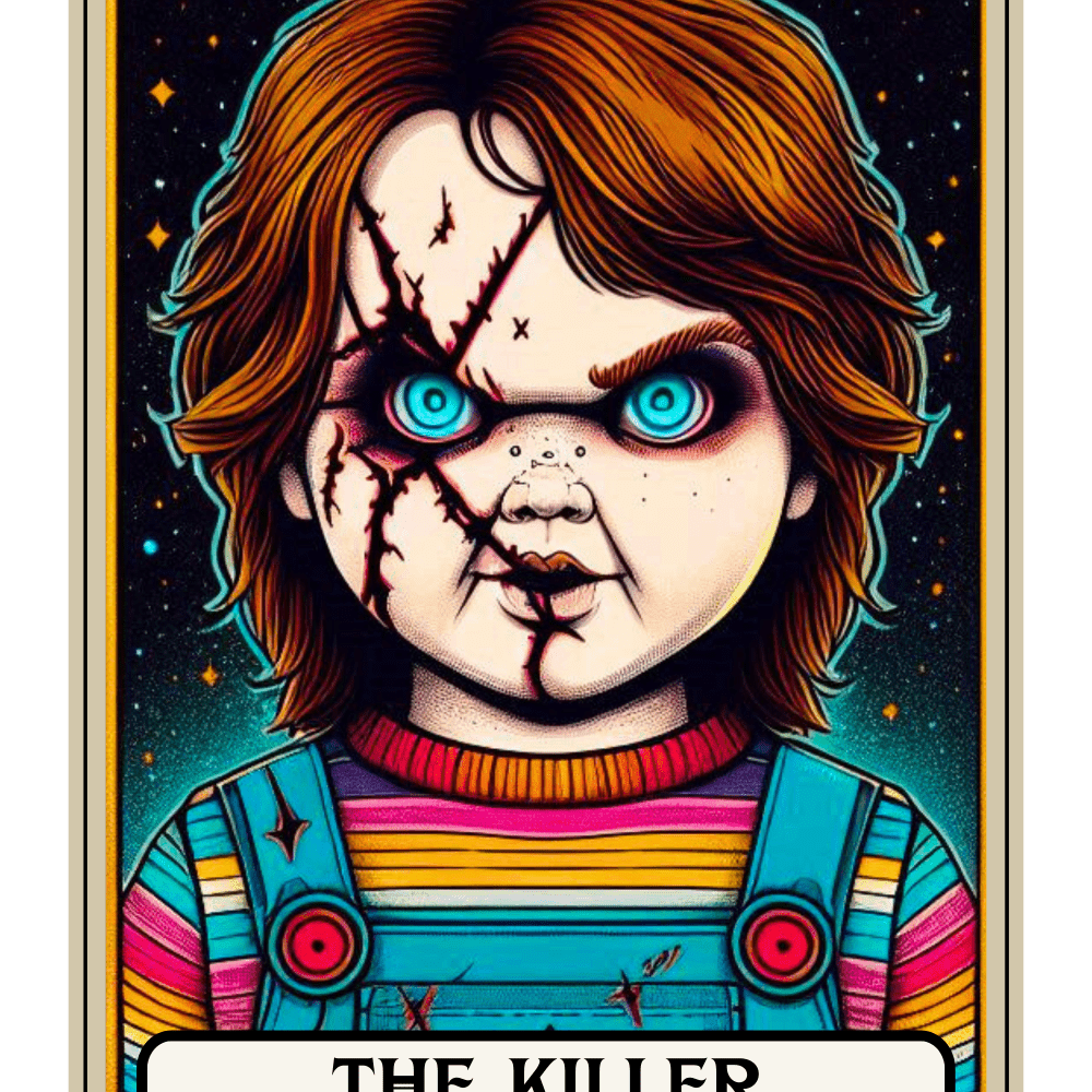 A cracked doll-like figure with wild hair, blue eyes, and a menacing expression set against a starry background. Wearing a colorful striped shirt and overalls. The text reads: "THE KILLER".