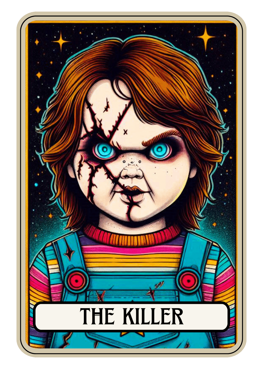 A cracked doll-like figure with wild hair, blue eyes, and a menacing expression set against a starry background. Wearing a colorful striped shirt and overalls. The text reads: "THE KILLER".