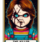 A cracked doll-like figure with wild hair, blue eyes, and a menacing expression set against a starry background. Wearing a colorful striped shirt and overalls. The text reads: "THE KILLER".