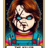 A cracked doll-like figure with wild hair, blue eyes, and a menacing expression set against a starry background. Wearing a colorful striped shirt and overalls. The text reads: "THE KILLER".