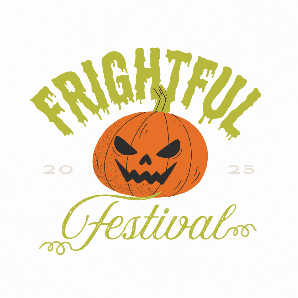 A jack-o'-lantern with a menacing face sits beneath the text "FRIGHTFUL Festival 2025" in green and light green lettering, with decorative curls and a vintage, slightly textured design style.