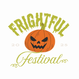 A jack-o'-lantern with a menacing face sits beneath the text "FRIGHTFUL Festival 2025" in green and light green lettering, with decorative curls and a vintage, slightly textured design style.