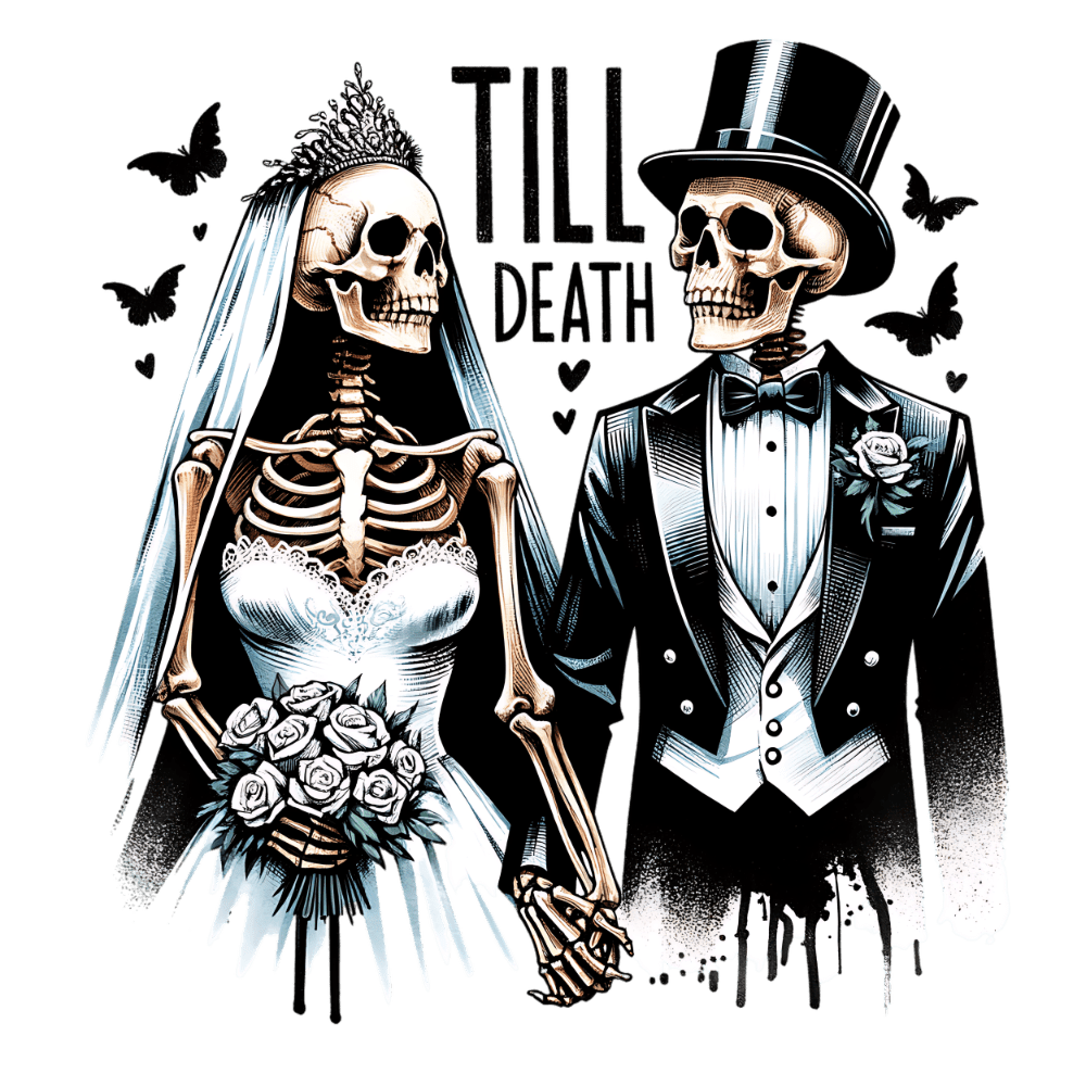 Two skeletal figures dressed in wedding attire - a bride in a white dress and veil, and a groom in a tuxedo and top hat - holding hands. Butterflies flutter around them, and the text "TILL DEATH" appears prominently.