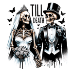 Two skeletal figures dressed in wedding attire - a bride in a white dress and veil, and a groom in a tuxedo and top hat - holding hands. Butterflies flutter around them, and the text "TILL DEATH" appears prominently.