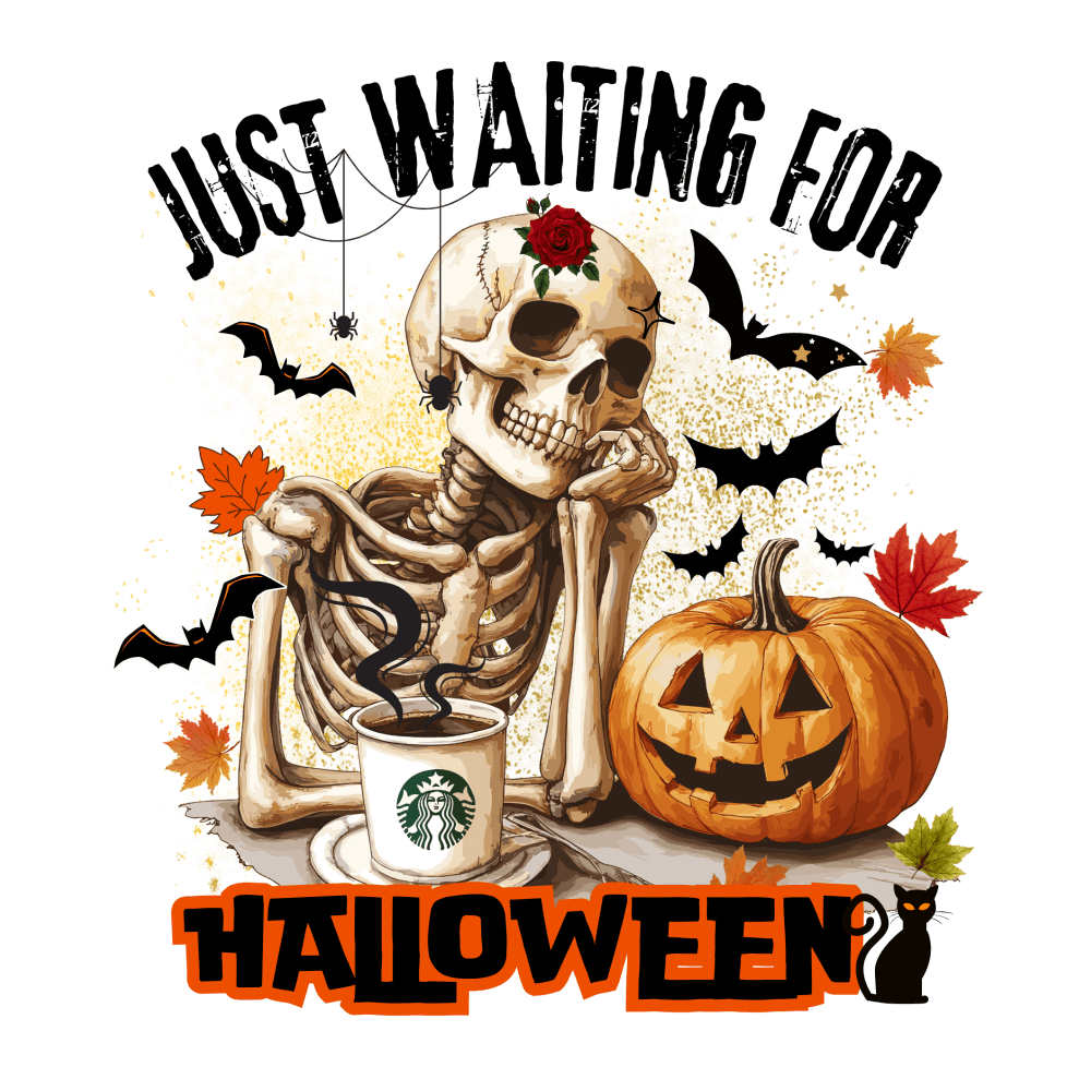 A skeletal figure sits with a Starbucks coffee, surrounded by bats, a jack-o'-lantern, autumn leaves, and a rose. Text reads: "JUST WAITING FOR HALLOWEEN" at the top and bottom.