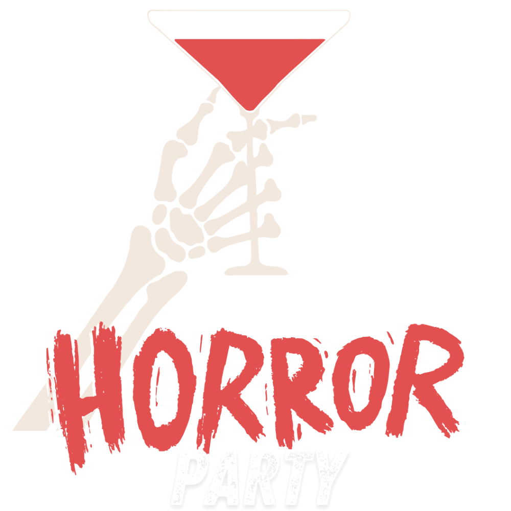 A skeletal hand holds a triangular red glass, with the word "HORROR" written in rough, dripping red letters below, creating an eerie, graphic design suggestive of a macabre cocktail.