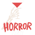 A skeletal hand holds a triangular red glass, with the word "HORROR" written in rough, dripping red letters below, creating an eerie, graphic design suggestive of a macabre cocktail.