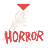 A skeletal hand holds a triangular red glass, with the word "HORROR" written in rough, dripping red letters below, creating an eerie, graphic design suggestive of a macabre cocktail.