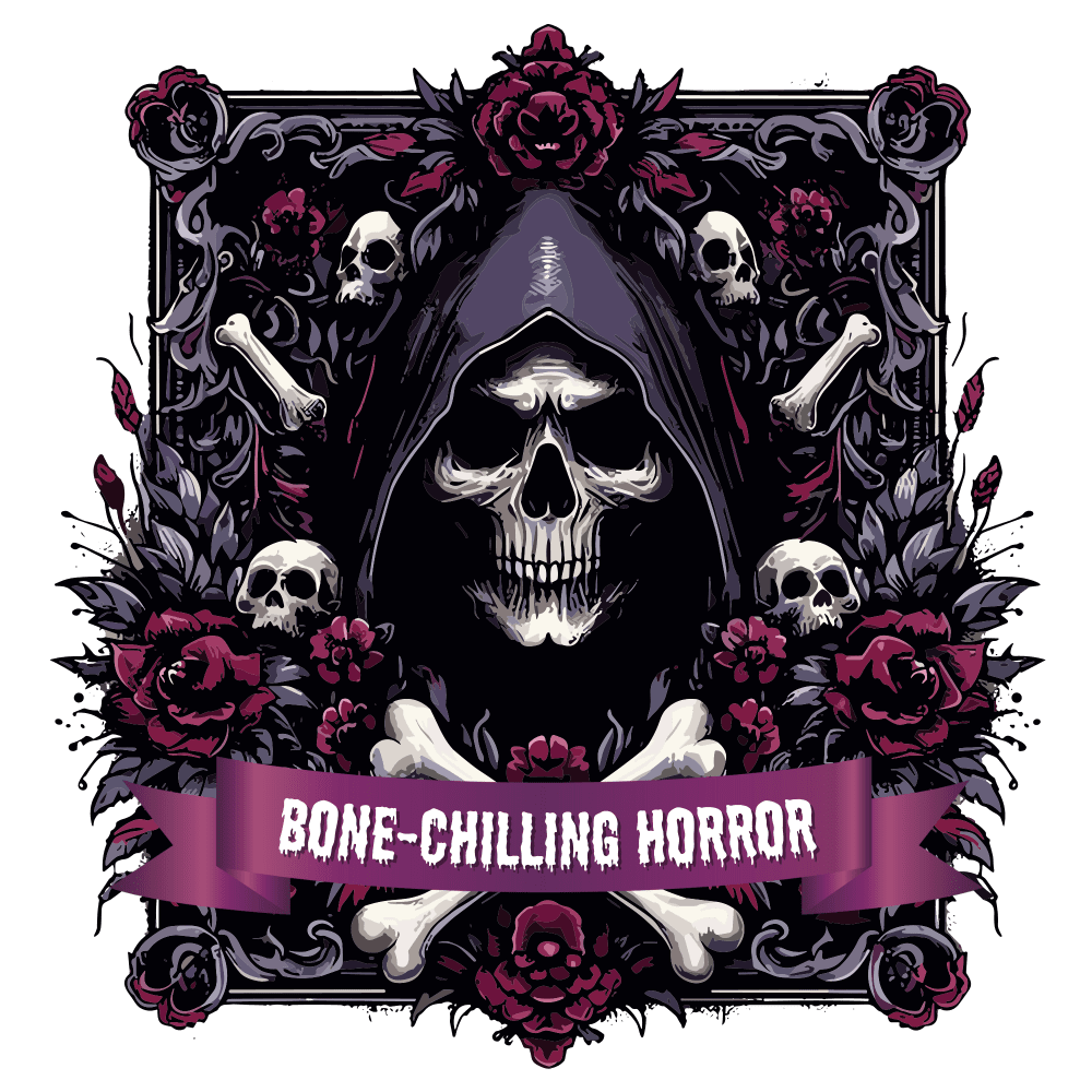 A hooded skull surrounded by roses, bones, and additional skulls within an ornate gothic frame. A purple banner reads "BONE-CHILLING HORROR" across the bottom of the composition.