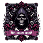 A hooded skull surrounded by roses, bones, and additional skulls within an ornate gothic frame. A purple banner reads "BONE-CHILLING HORROR" across the bottom of the composition.