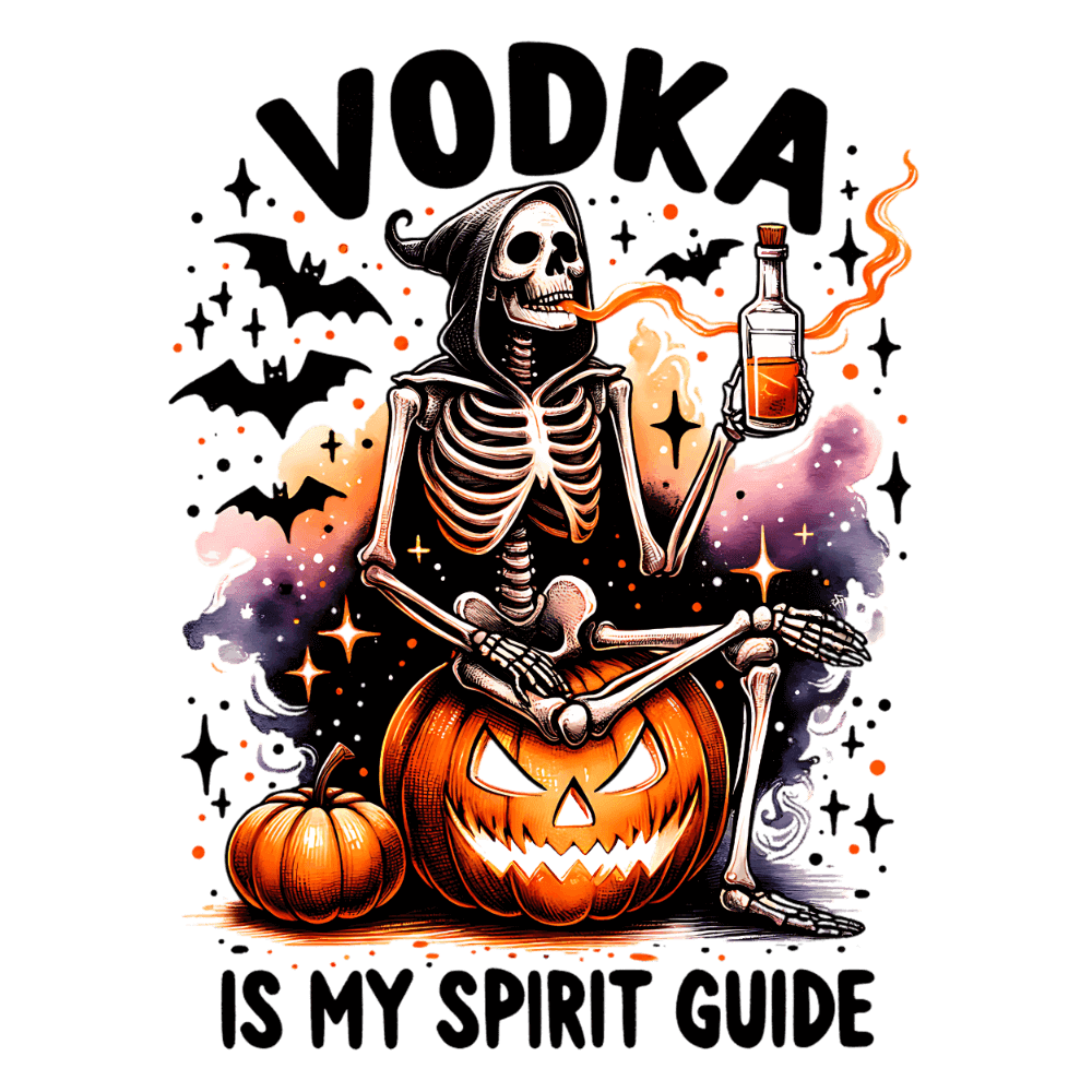 A skeleton sits on a jack-o'-lantern, holding a vodka bottle, with bats and stars surrounding it. Text reads: "VODKA IS MY SPIRIT GUIDE" in a Halloween-themed illustration style.