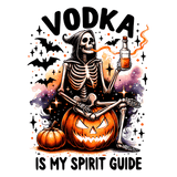 A skeleton sits on a jack-o'-lantern, holding a vodka bottle, with bats and stars surrounding it. Text reads: "VODKA IS MY SPIRIT GUIDE" in a Halloween-themed illustration style.