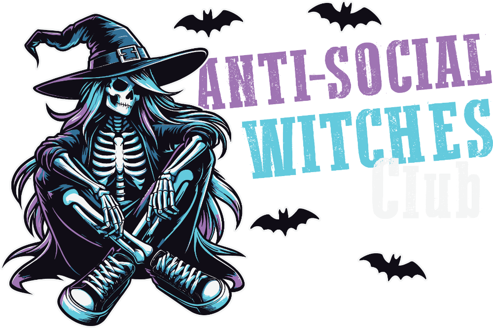 A skeletal witch in a wide-brimmed hat and sneakers sits cross-legged, surrounded by bats. The text reads "ANTI-SOCIAL WITCHES" in purple and teal distressed lettering.