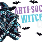 A skeletal witch in a wide-brimmed hat and sneakers sits cross-legged, surrounded by bats. The text reads "ANTI-SOCIAL WITCHES" in purple and teal distressed lettering.