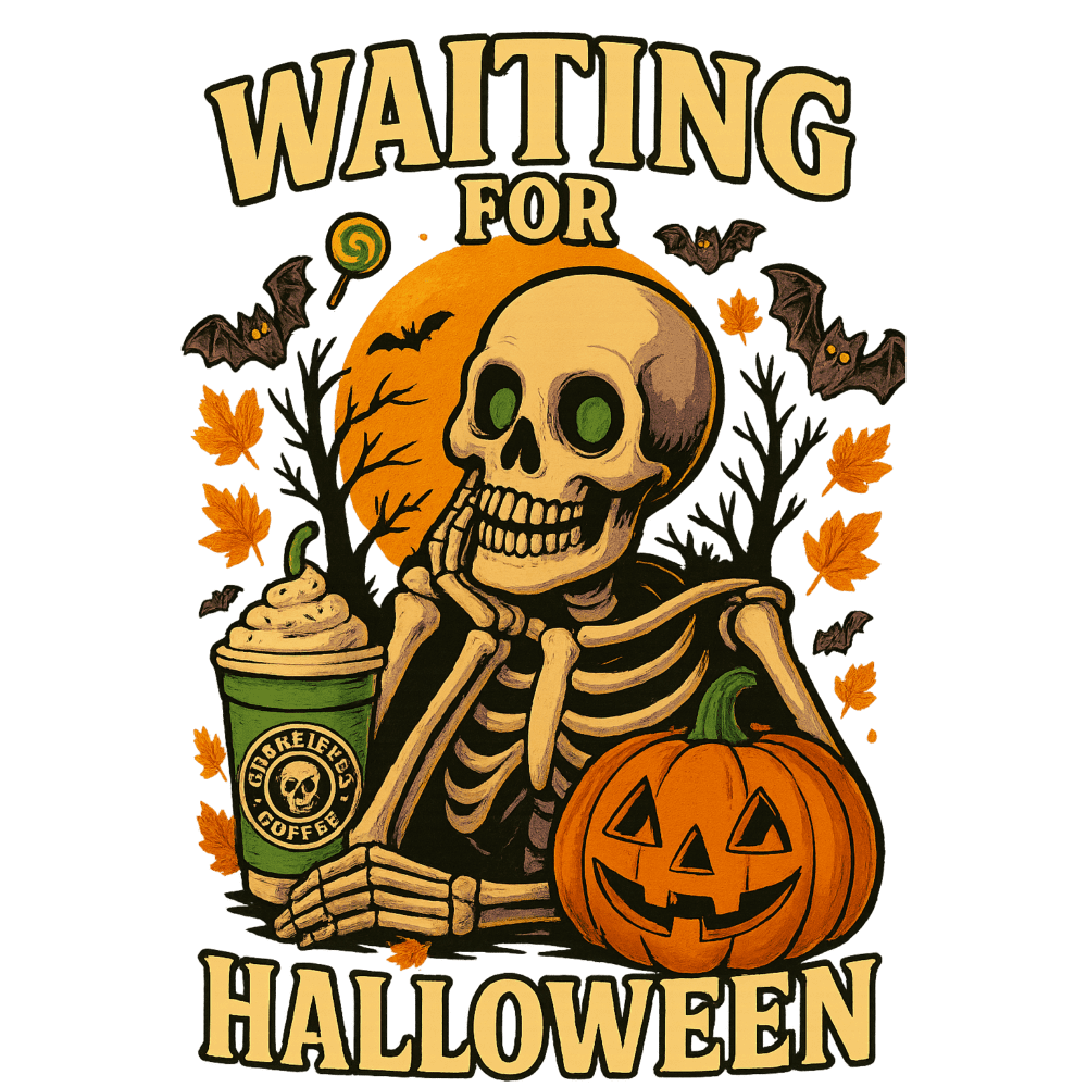 A skeleton holding a coffee cup and pumpkin, surrounded by bats and autumn leaves, under a large moon. Text reads: "WAITING FOR HALLOWEEN" in yellow bold letters.