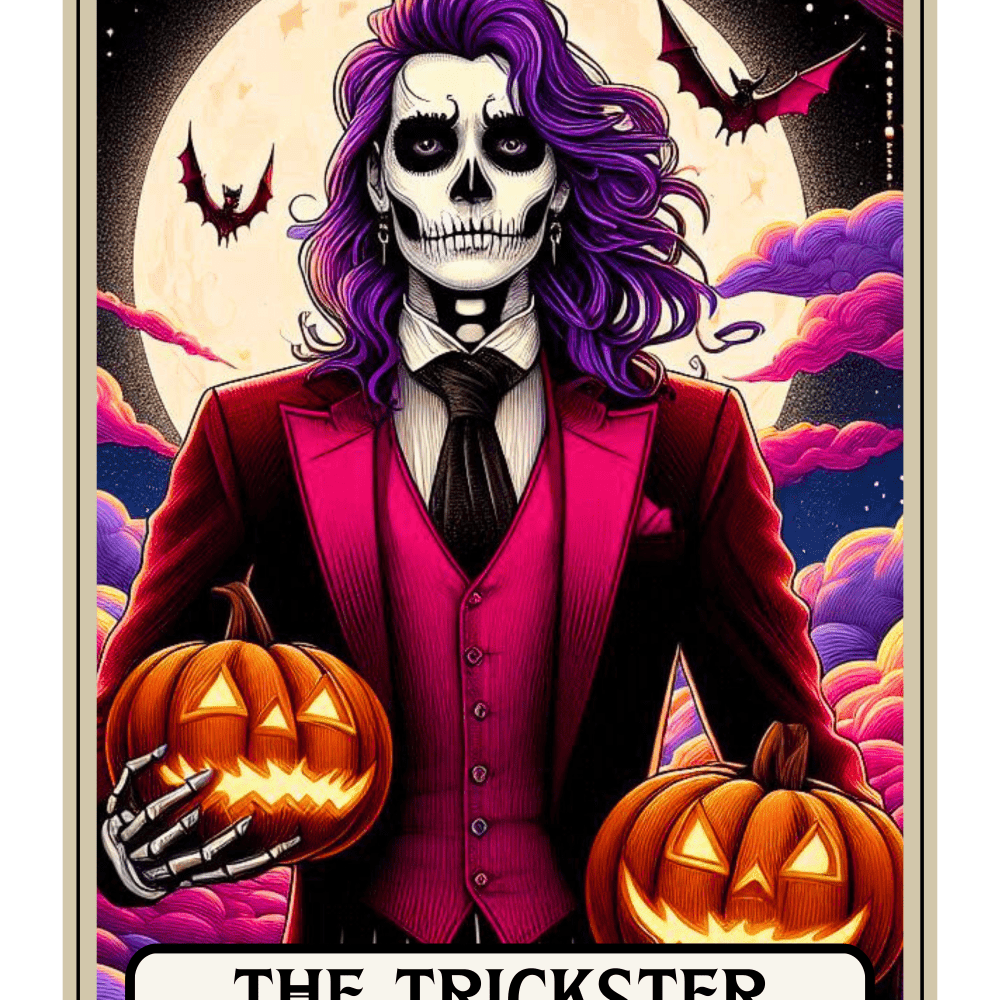 A skeleton-faced figure with purple hair wearing a red suit, holding two glowing jack-o'-lanterns, against a night sky with bats and colorful clouds. Text reads: "THE TRICKSTER"