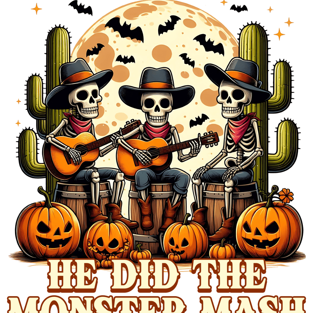 Three skeleton musicians in cowboy hats play acoustic guitars, seated on barrels amid cacti, bats, and jack-o'-lanterns under a large full moon. Text reads: "HE DID THE MONSTER MASH"