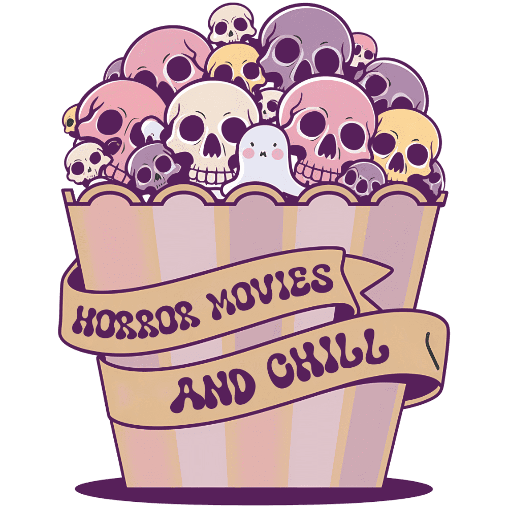 A popcorn container filled with colorful skulls in various shades of pink, purple, and yellow, with a cute white ghost peeking out. Ribbons read "HORROR MOVIES AND CHILL" in a playful, cartoon style.