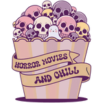 A popcorn container filled with colorful skulls in various shades of pink, purple, and yellow, with a cute white ghost peeking out. Ribbons read "HORROR MOVIES AND CHILL" in a playful, cartoon style.