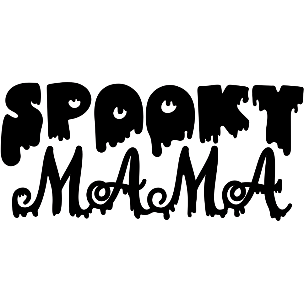 The text "Spooky Mama" is written in a playful, dripping black font with googly eyes in some letters, creating a Halloween-themed, whimsical effect.