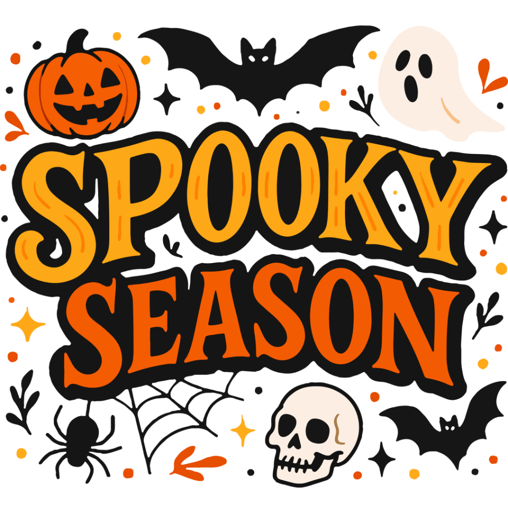 A Halloween-themed graphic with "SPOOKY SEASON" text in bold yellow and orange letters, surrounded by jack-o'-lantern, bats, ghost, spider, skull, and web illustrations against a white background.