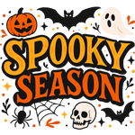 A Halloween-themed graphic with "SPOOKY SEASON" text in bold yellow and orange letters, surrounded by jack-o'-lantern, bats, ghost, spider, skull, and web illustrations against a white background.