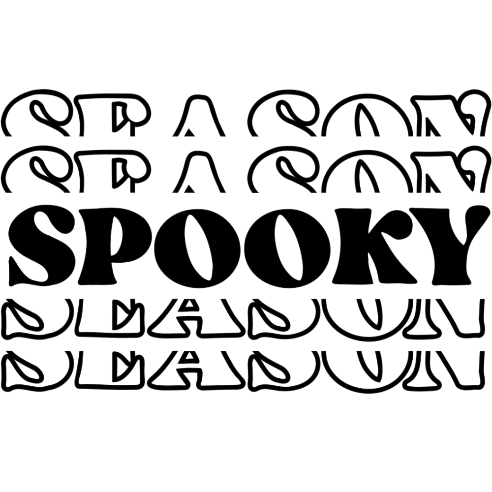 The word "SPOOKY" is displayed in large, bold black letters. Above and below are decorative, stylized rows of text in black and white with curvy, interconnected lettering.