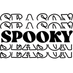 The word "SPOOKY" is displayed in large, bold black letters. Above and below are decorative, stylized rows of text in black and white with curvy, interconnected lettering.